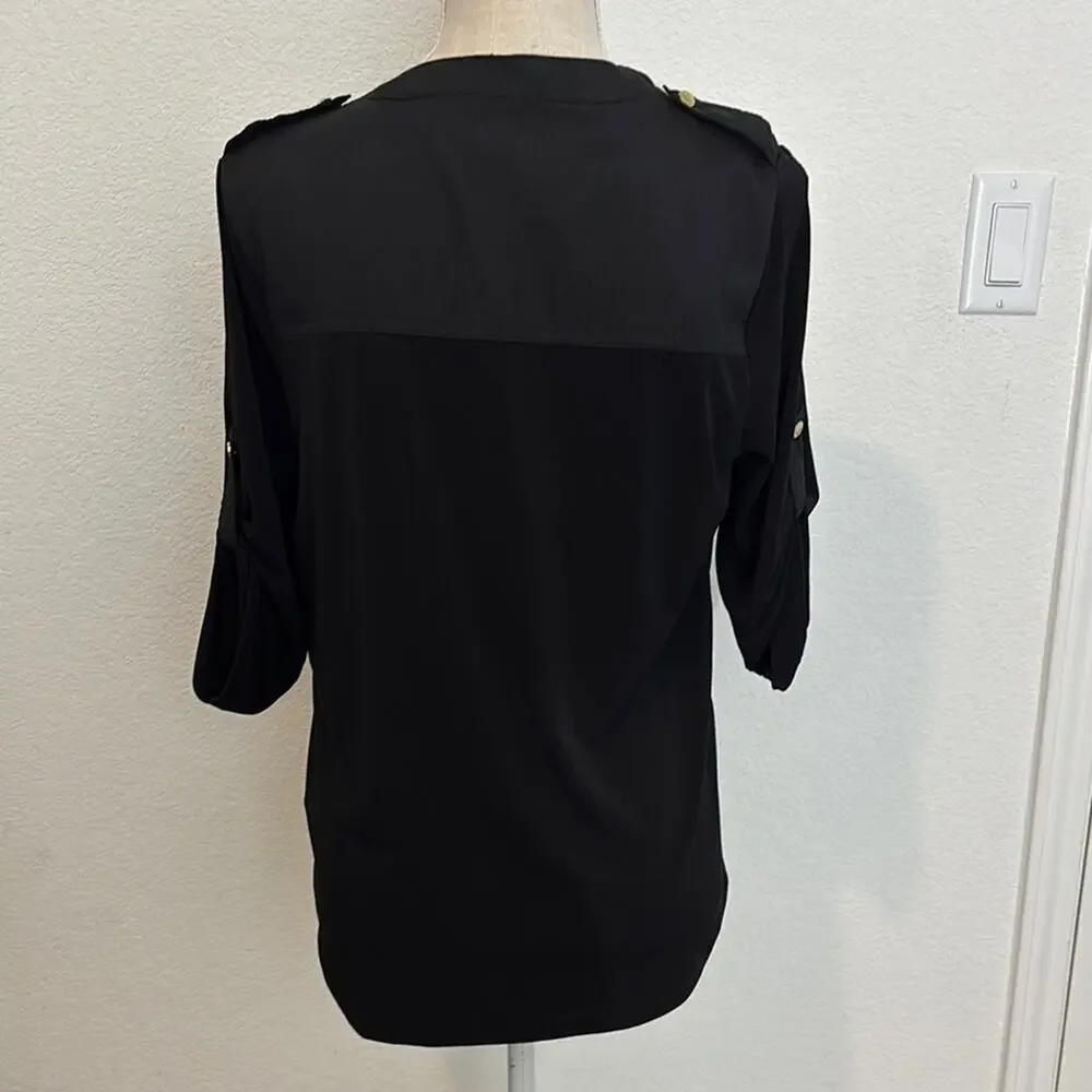 Carmen Marc Valvo Black Button-Down Patch Pocket 3/4 Roll Sleeves Shirt Petite S - Picture 4 of 9